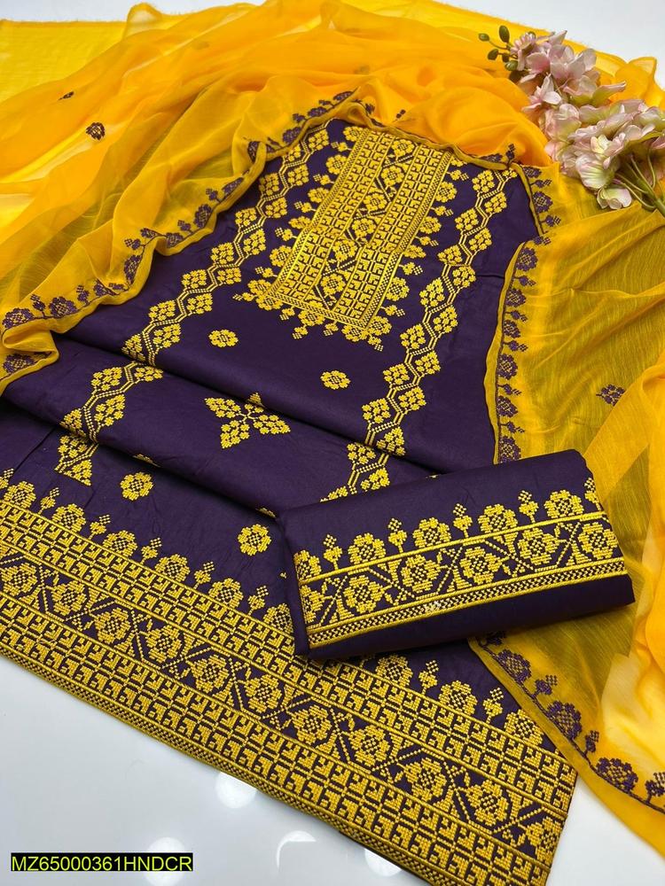 3 Pcs Women's Stitched Lawn Embroidered Suit