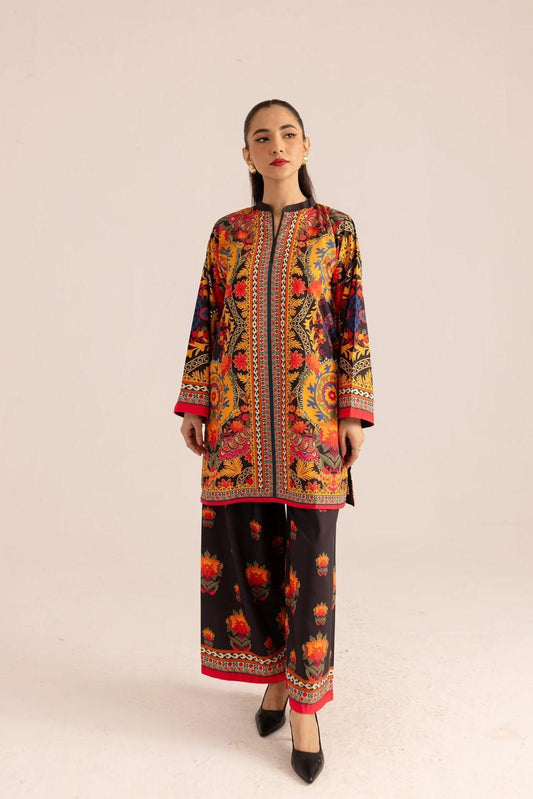 : Women's Stitched Printed Shirt and Trouser Set - 2 Pcs in Yellow