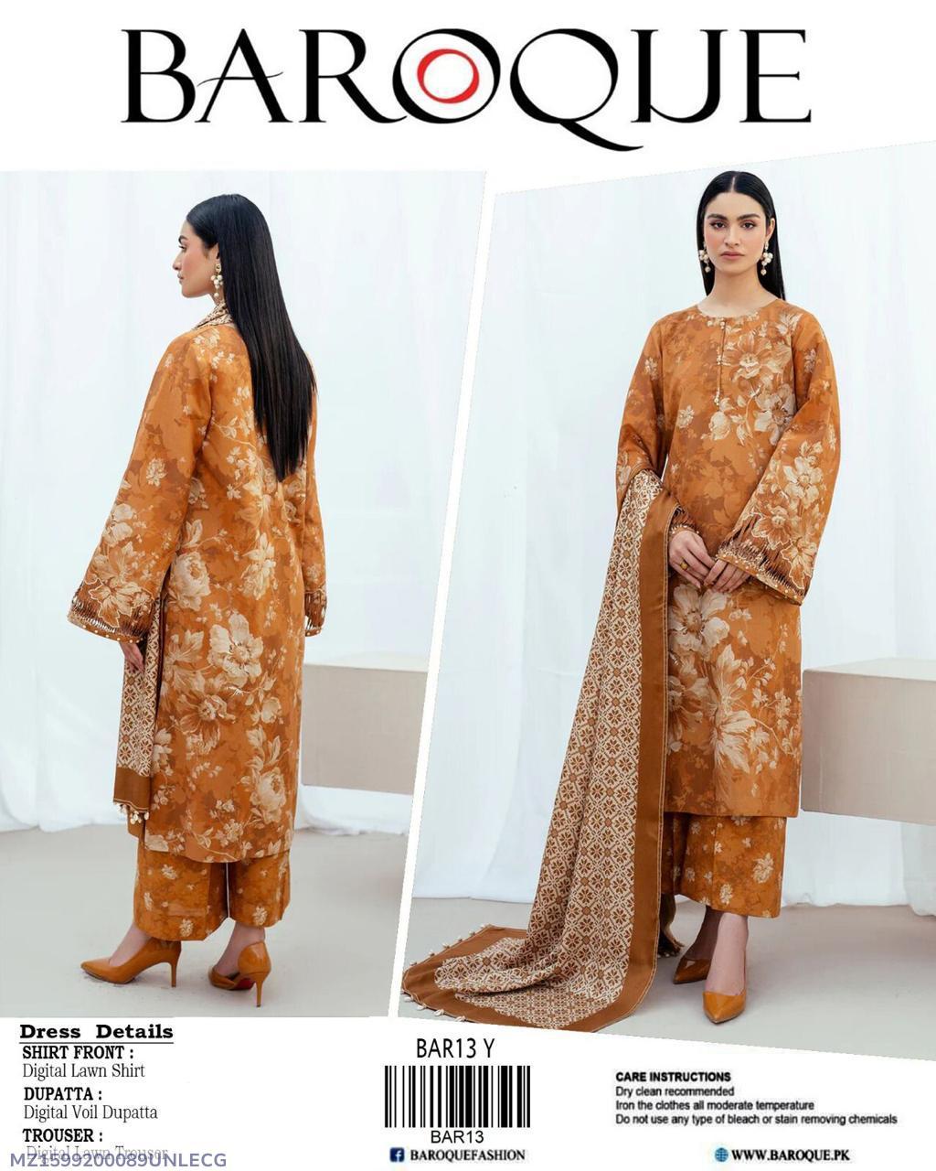: 3 Pcs Women's Unstitched Printed Suit
